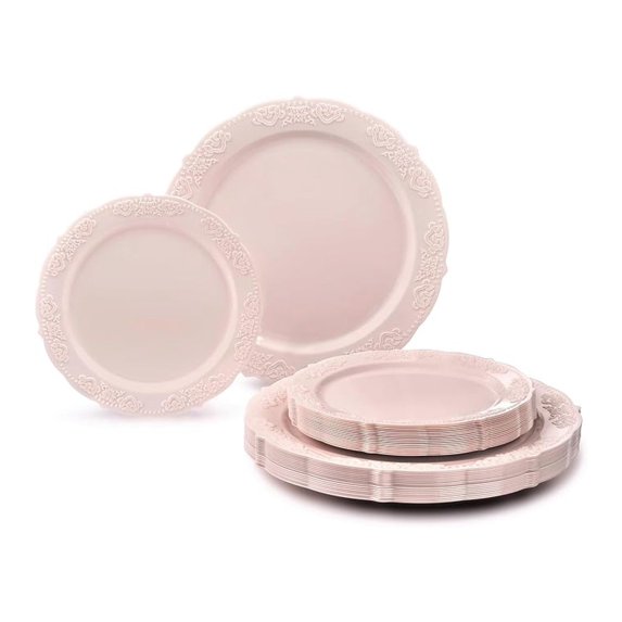 " OCCASIONS " 50 Plates Pack (25 Guests) Vintage Wedding Party Disposable Plastic Plate Set -25x10.25'' Dinner +25x7.5'' Salad/Dessert plates (Portofino in Light Pink)