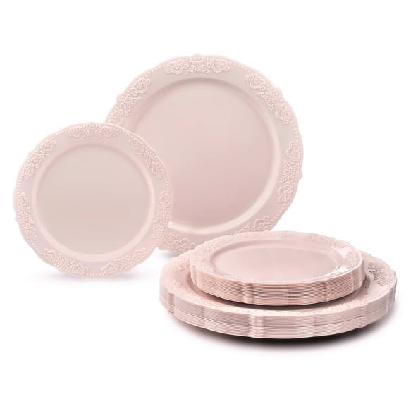 " OCCASIONS " 50 Plates Pack (25 Guests) Vintage Wedding Party Disposable Plastic Plate Set -25x10.25'' Dinner +25x7.5'' Salad/Dessert plates (Portofino Light Pink/ Blush)