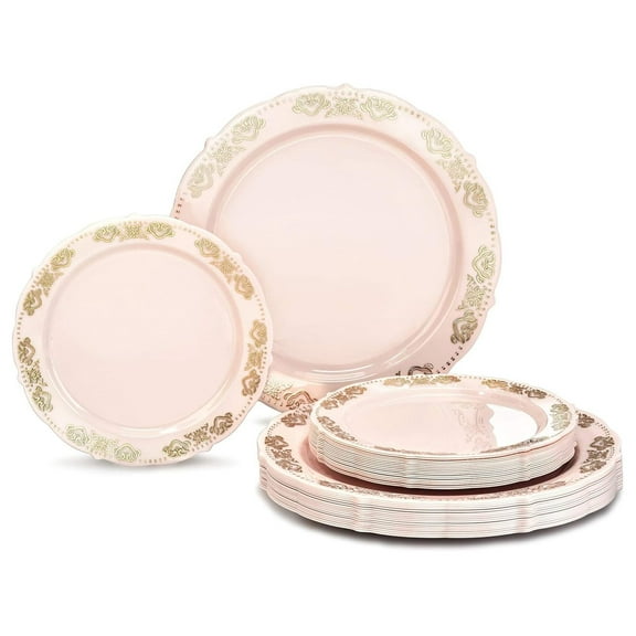 " OCCASIONS " 50 Plates Pack (25 Guests) Vintage Wedding Party Disposable Plastic Plate Set -25x10.25'' Dinner +25x7.5'' Salad/Dessert plates (Portofino Light Pink & Accents)