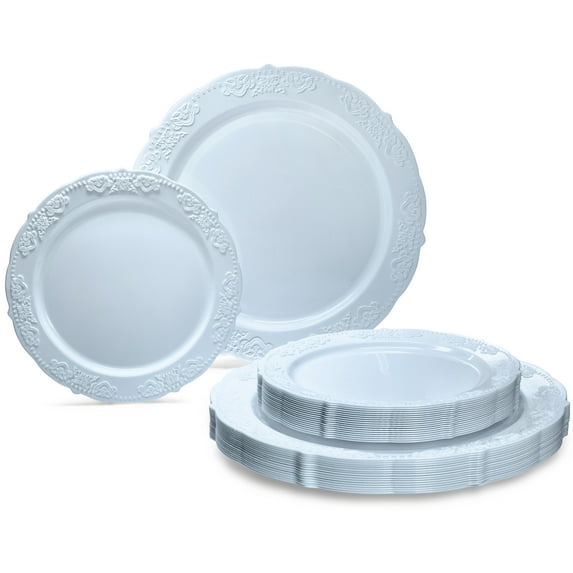 " OCCASIONS " 50 Plates Pack (25 Guests) Vintage Wedding Party Disposable Plastic Plate Set -25x10.25'' Dinner +25x7.5'' Salad/Dessert plates (Portofino Plain Blue)