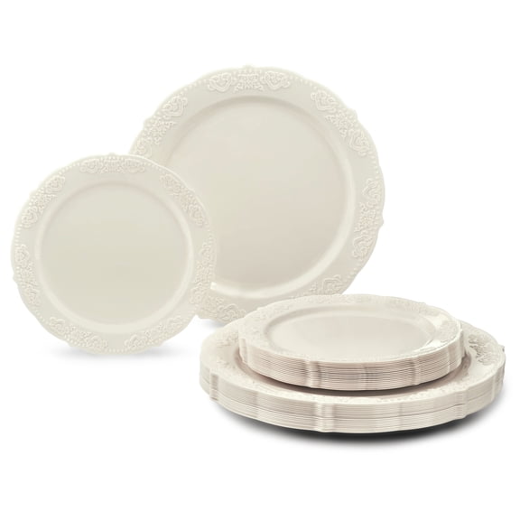 " OCCASIONS " 50 Plates Pack (25 Guests) Vintage Wedding Party Disposable Plastic Plate Set -25x10.25'' Dinner +25x7.5'' Salad/Dessert plates (Portofino Plain Ivory)
