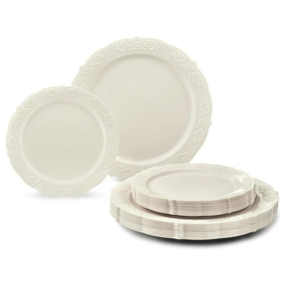 " OCCASIONS " 50 Plates Pack (25 Guests) Vintage Wedding Party Disposable Plastic Plate Set -25x10.25'' Dinner +25x7.5'' Salad/Dessert plates (Portofino Plain )
