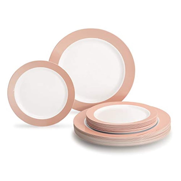" OCCASIONS" 50 Plates Pack (25 Guests)-Wedding Party Disposable Plastic Plate Set -25x10.5'' Dinner + 25x7.5'' Salad/dessert plates (Rio in White & Pearled Pink Blush)