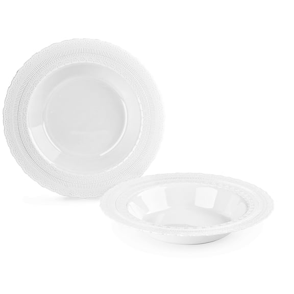 " OCCASIONS " 60 Piece Plates Pack, Extra Heavyweight Vintage Wedding Party Disposable Bowls (14oz Soup Bowl, Chateau in White)