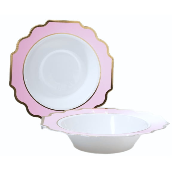 " OCCASIONS " 60 Pieces Pack, Heavyweight Disposable Wedding Party Plastic Bowls Plates (14 oz Soup Bowl, Imperial White / Light Pink & Gold)