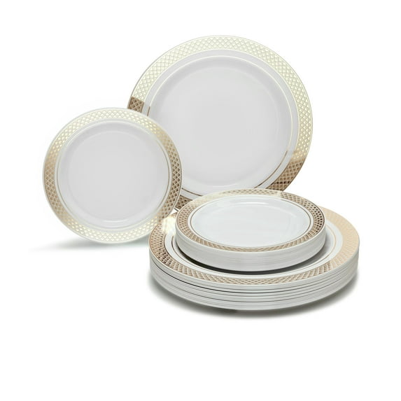 " OCCASIONS " 60 Plates Pack, Heavyweight Disposable Wedding Party Plastic Plates ( 10.5'' Dinner Plate, Celebration White & Gold)