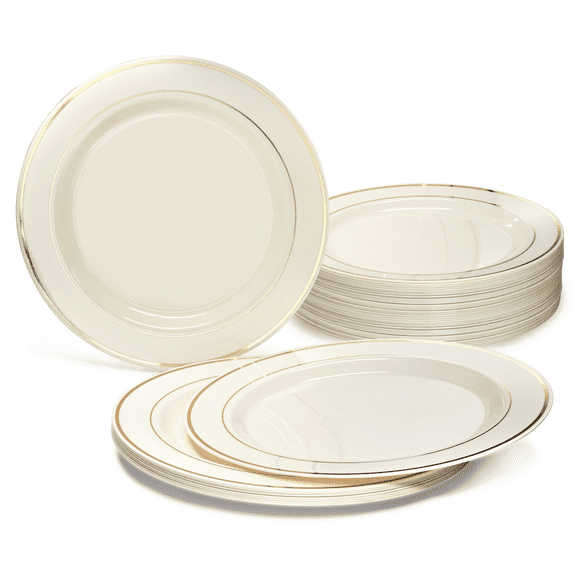 " OCCASIONS" 60 Plates Pack, Heavyweight Disposable Wedding Party Plastic Plates ( 10.5'' Dinner Plate, Ivory & Gold Rim)