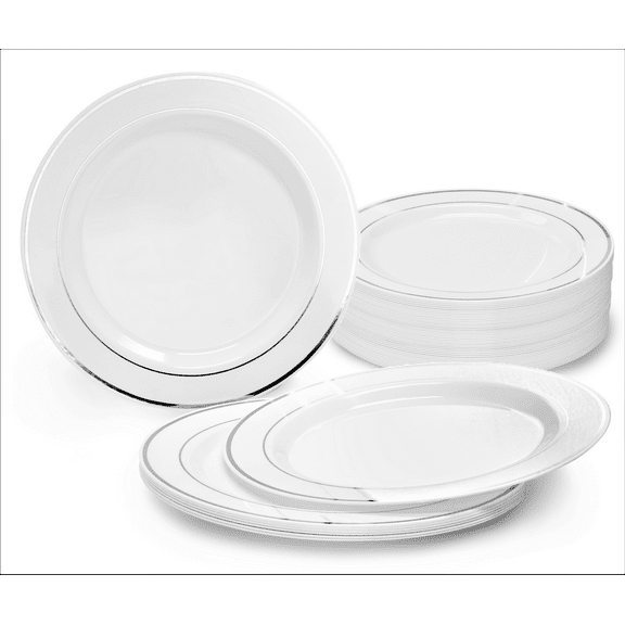 " OCCASIONS" 60 Plates Pack, Heavyweight Disposable Wedding Party Plastic Plates ( 10.5'' Dinner Plate, White & Silver Rim)