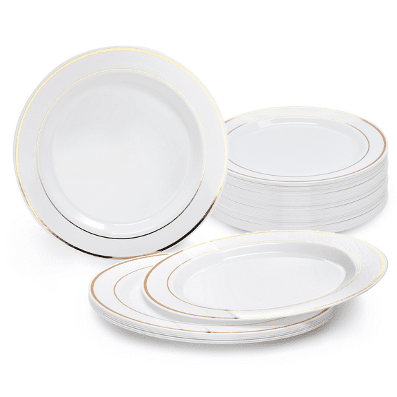 " OCCASIONS" 60 Plates Pack, Heavyweight Disposable Wedding Party Plastic Plates (6.25'' Dessert/Bread Plate, White & Gold Rim)