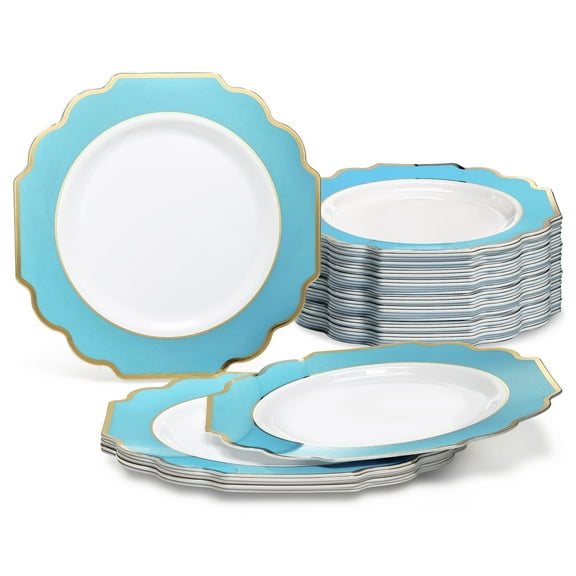 " OCCASIONS " 60 Plates Pack, Heavyweight Disposable Wedding Party Plastic Plates (6.5'' Cake/Dessert Plate, Imperial Aqua & Gold)