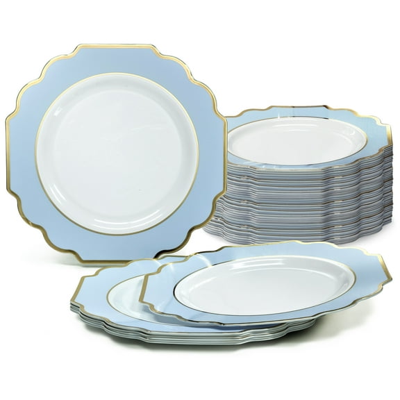 " OCCASIONS " 60 Plates Pack, Heavyweight Disposable Wedding Party Plastic Plates (8'' Dinner Plate, Imperial White / Blue & Gold)