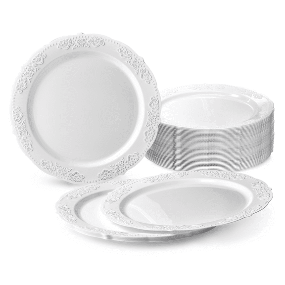 " OCCASIONS " 60 Plates Pack, Vintage Party Disposable Wedding Party Plastic Plates ( 10.25'' Dinner Plate, Portofino in White)