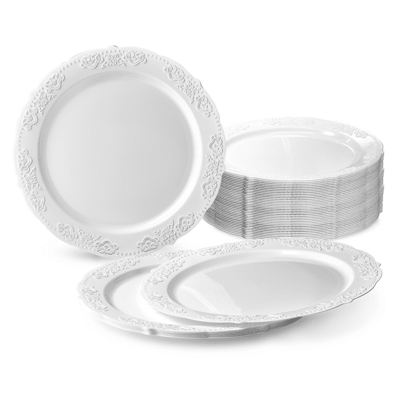 " OCCASIONS " 60 Plates Pack, Vintage Party Disposable Wedding Party Plastic Plates ( 10.25'' Dinner Plate, Portofino in White)
