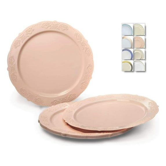 " OCCASIONS " 60 Plates Pack, Vintage Party Disposable Wedding Party Plastic Plates (7.5'' Appetizer/Dessert Plate, Portofino Blush/Antique Rose)