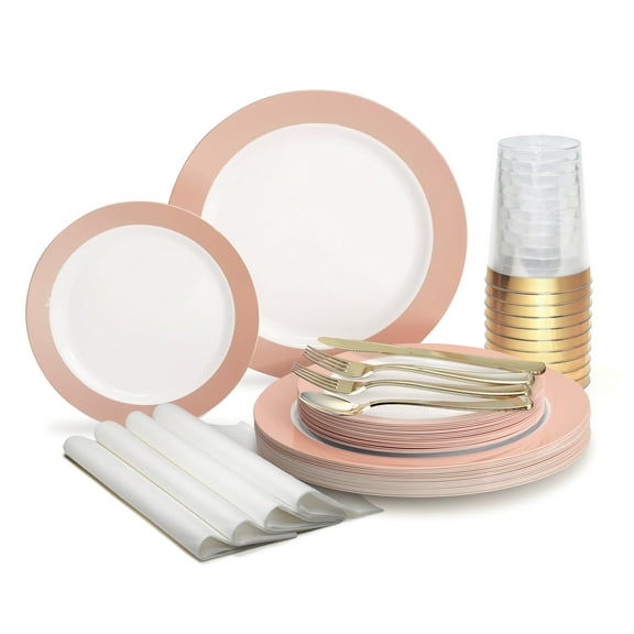 " OCCASIONS " 640 Pcs set (80 Guests)-Wedding Disposable Plastic Plates & cutlery - 80 x 10.25'' + 80 x 7.5'' +Silverware+Cups +Napkins (Rio in White & Pearled Blush Pink)