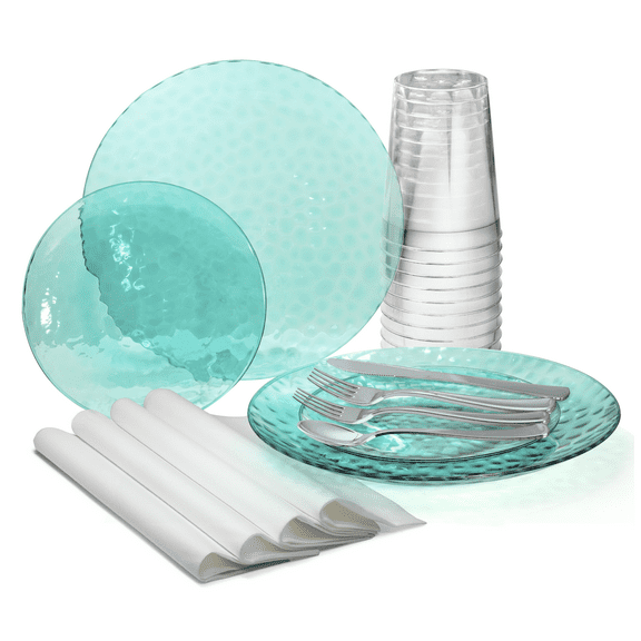 " OCCASIONS " 640 Pcs set (80 Guests)-Wedding Disposable Plastic Plates & cutlery - 80 x 10'' + 80 x 7'' + Silverware + Cups + Napkins (Coastal Clear Blue)