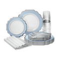 thumbnail image 1 of " OCCASIONS " 640 Piece set (80 Guests)-Heavyweight Wedding Party Disposable Plastic Plate Set - 80 x 10.5'' + 80 x 8''+Silverware+Cups+Napkins (Imperial in White/Baby Blue & Silver), 1 of 8