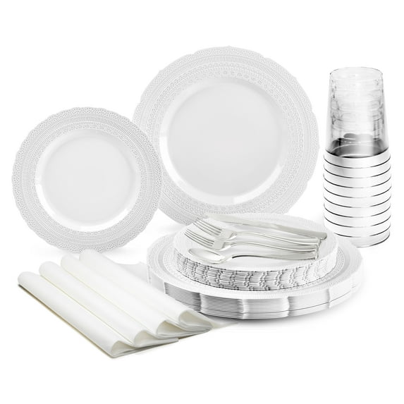 " OCCASIONS " 640pcs set (80 Guests) Extra Heavyweight Vintage Wedding Disposable / Reusable Plastic Plates (80 x 11'' + 80 x 8.25'')+Silverware+Cups+Napkins (Chateau Collection Light Gray)