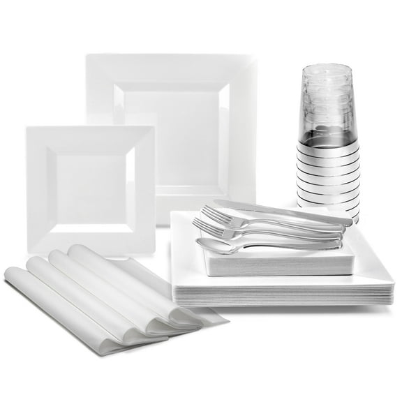 " OCCASIONS " 640pcs set (80 Guests)-Heavyweight Wedding Party Disposable Plastic Plate Set -80 x 9.5'' + 80 x 6.5'' + Silverware+Cups+Napkins (Square Plain White)