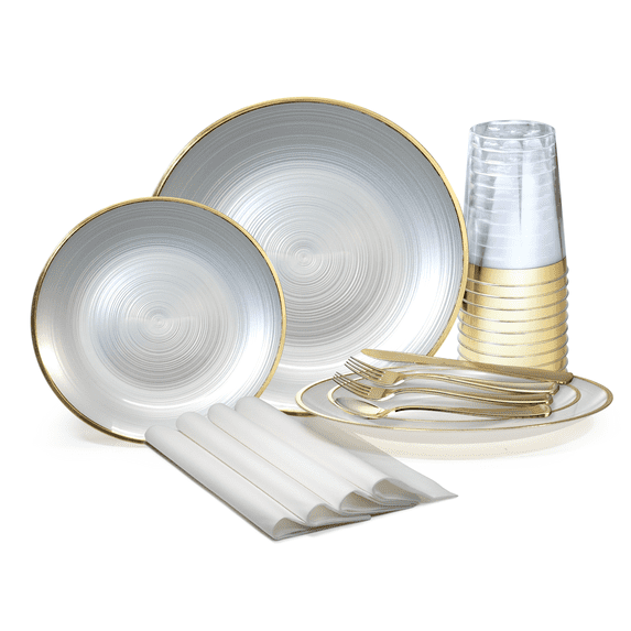 " OCCASIONS " 640pcs set (80 Guests)-Wedding Party Disposable Plastic Plate Set -80 x 10'' + 80 x 7'' + Silverware + Cups + Napkins (Belize in White Pearl & Gold)