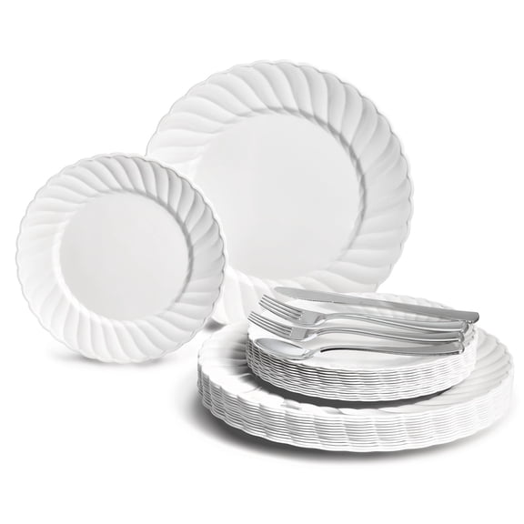 " OCCASIONS " 720 Pcs set (120 guest) Wedding Disposable Plastic Plate and Silverware Combo 10.25" + 7.5" + Silverware (Double Fork) (Blossom Plain White)