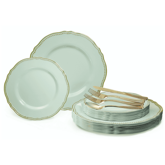 " OCCASIONS " 720 Pcs set (120 guest) Wedding Disposable Plastic Plate and Silverware Combo 10.25" + 7.5" + Silverware (Double Fork) (Rochelle Seafoam / Mint & Gold), Gold silverware)