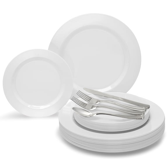 OCCASIONS 720 Pcs set (120 guest) Wedding Disposable Plastic Plate and Silverware Combo 10.5" + 7.5" + Silverware (Double Fork) (Plain White Plates, Silver silverware)