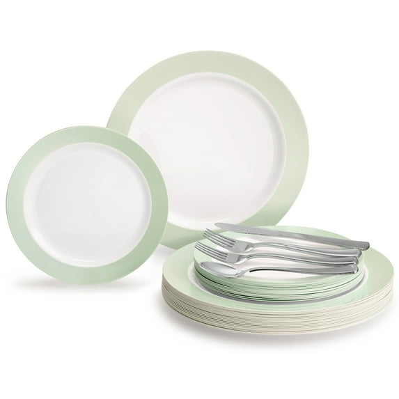 OCCASIONS 720 Pcs set (120 guest) Wedding Disposable Plastic Plate and Silverware Combo 10.5" + 7.5" + Silverware (Double Fork) (Rio in White & Pearled Green)