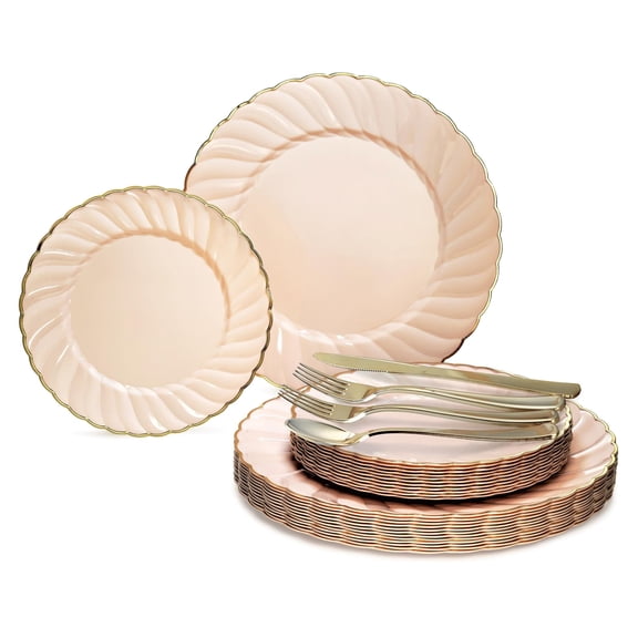OCCASIONS 360 Pcs set (60 guest) Wedding Disposable Plastic Plate and Silverware Combo 10.25" + 7.5" + Silverware (Double Fork) (Blossom Blush Pink / Gold)