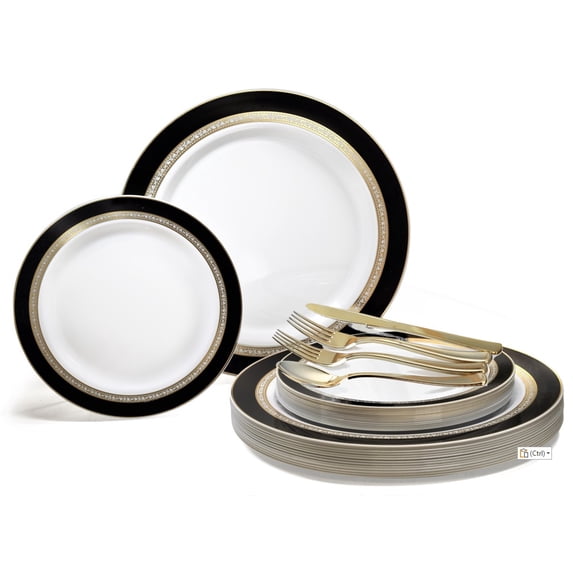 OCCASIONS 720 Pcs set (120 guest) Wedding Disposable Plastic Plate and Silverware Combo 10.5" + 7.5" + Silverware (Double Fork) (Ritz in White / Black & Gold, Gold Silverware)
