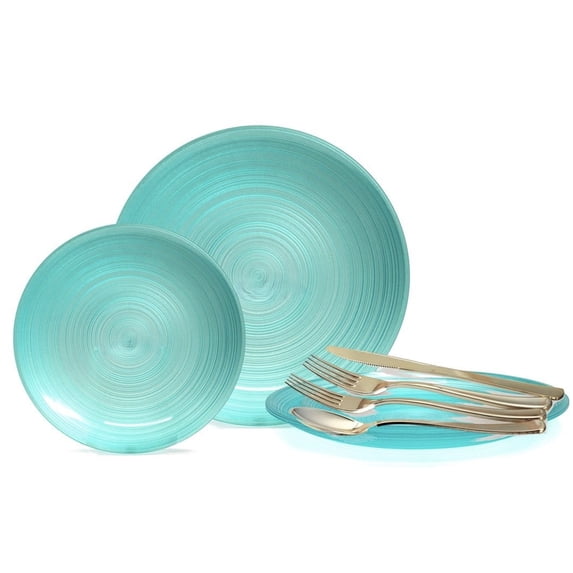 " OCCASIONS " 720 Pcs set (120 guest) Wedding Disposable Plastic Plate and Silverware Combo 10" + 7" + Gold Silverware (Double Fork) (Belize, Aqua)