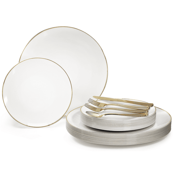 " OCCASIONS " 720 Piece set (120 Guests)-Wedding Plastic Plates & cutlery -Disposable Dinnerware 10.25'', 7.5'' + Silverware w/double fork (Bali in White & Gold)