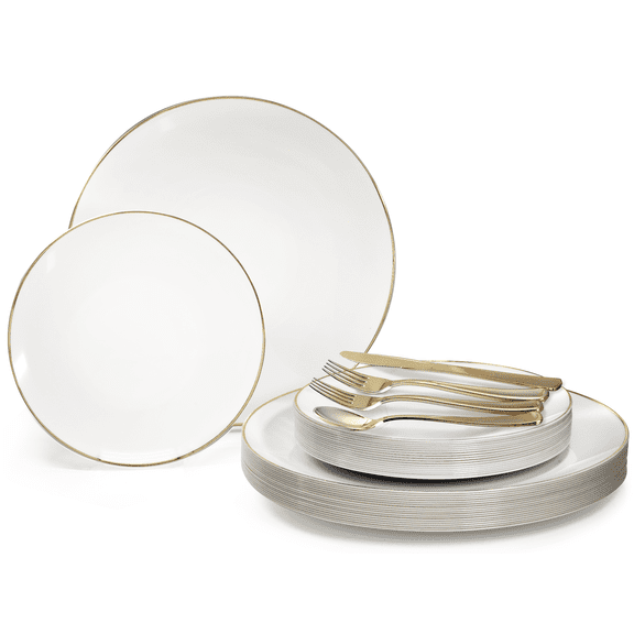 " OCCASIONS " 720 Piece set (120 Guests)-Wedding Plastic Plates & cutlery -Disposable Dinnerware 10.25'', 7.5'' + Silverware w/double fork (Bali in White & Gold)