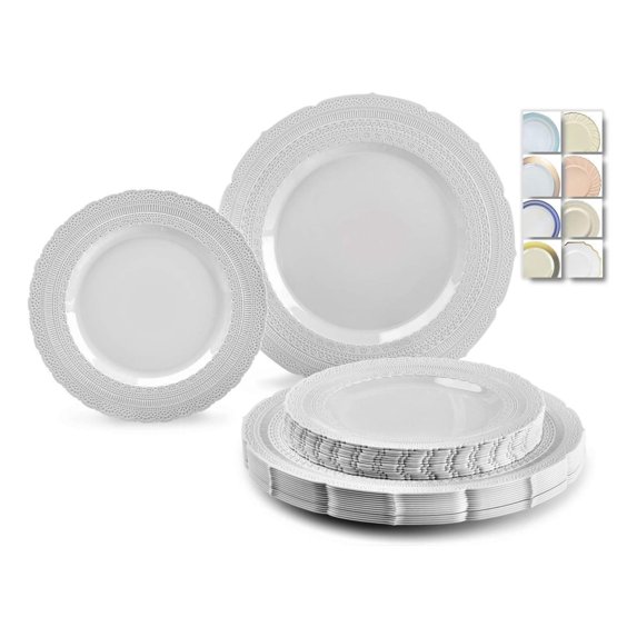 " OCCASIONS " 80 Plates Pack,(40 Guests) Extra Heavyweight Vintage Wedding Disposable/Reusable Plastic Plates 40 x11'' Dinner +40 x 8.25'' Salad/Dessert Plate (Chatesau Light Gray)