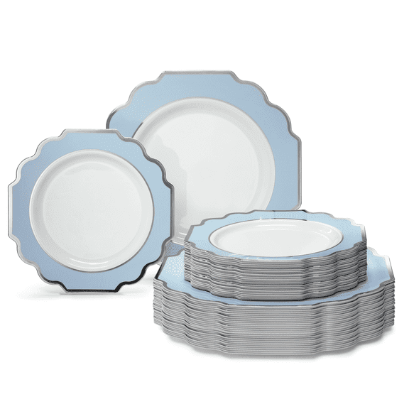 " OCCASIONS " 80 Plates Pack,(40 Guests) Heavyweight Premium Wedding Party Disposable Plastic Plates Set -40 x 10.5'' Dinner   40 x 8'' Salad/Dessert (Imperial in White/Baby Blue & Silver)