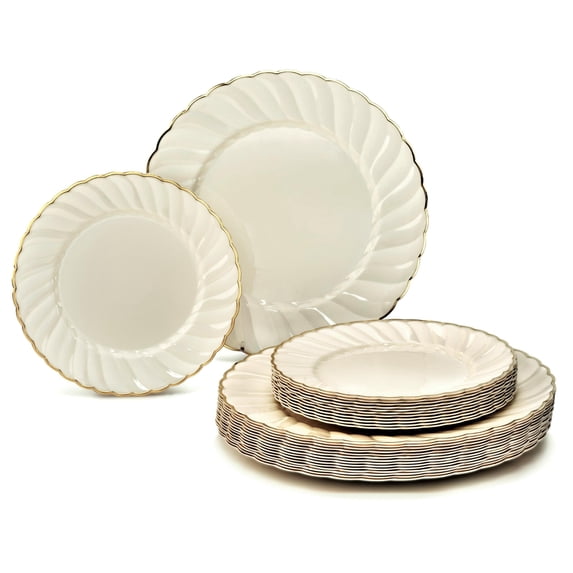 " OCCASIONS " 80 Plates Pack,(40 Guests) Premium Vintage Wedding Party Disposable Plastic Plates Set -40 x 10.5'' Dinner + 40 x 7.5'' Salad / Dessert(Blossom Ivory & Gold)