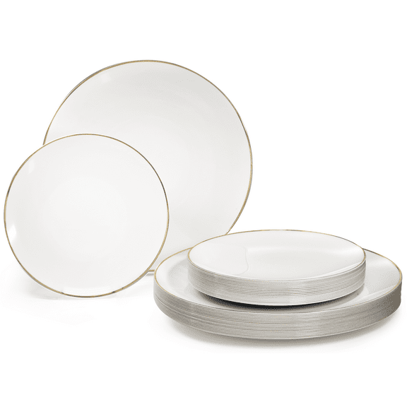" OCCASIONS " 80 Plates Pack,(40 Guests) Premium Wedding Party Disposable Plastic Plates Set -40 x 10.5'' Dinner + 40 x 7.5'' Salad / Dessert(Bali, White / Gold)