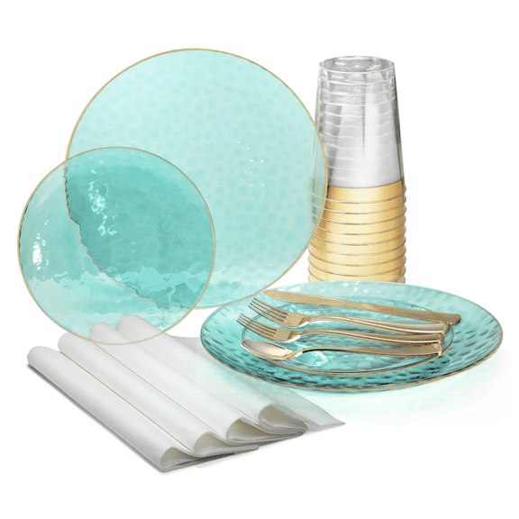 " OCCASIONS " 960 Pcs set (120 Guests)-Wedding Disposable Plastic Plates & cutlery -120 x 10'' + 120 x 7'' + Silverware + Cups + Napkins (Coastal Clear Blue & Gold)