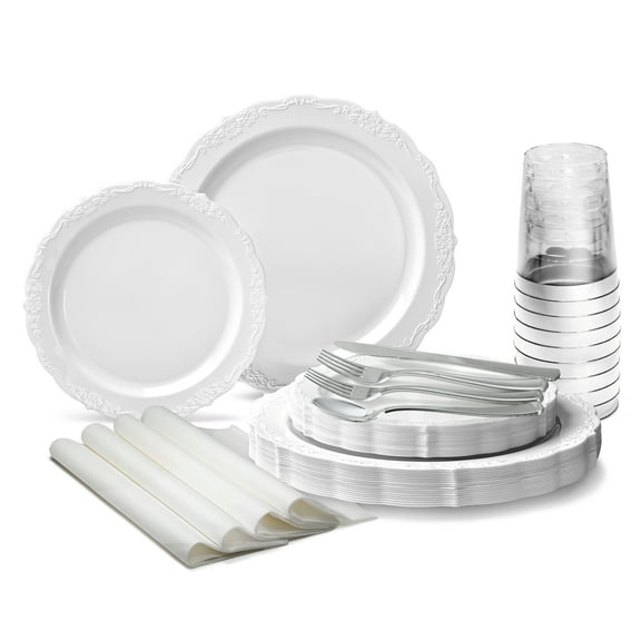 " OCCASIONS " 960 Piece set (120 Guests)-Vintage Wedding Party Disposable Plastic Plates & cutlery -120 x 10'' + 120 x 7.5'' + Silverware + Cups + Napkins (Verona Plain White)