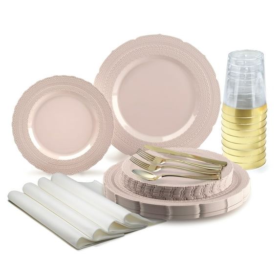" OCCASIONS " 960pcs set (120 Guests) Extra Heavyweight Vintage Wedding Disposable / Reusable Plastic Plates (120 x 11''+ 120x8.25'')+Silverware+Gold rim Cups+Napkins (Chateau Pink Blush)