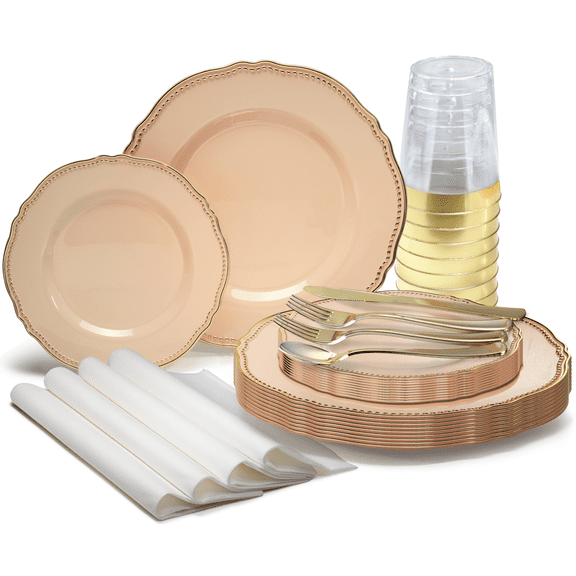" OCCASIONS " 960pcs set (120 Guests)-Heavyweight Wedding Party Disposable Plastic Plate Set -120 x 10.25'' + 120 x 7.5'' + Silverware + Cups + Napkins (Rochelle Antique Rose and Gold)