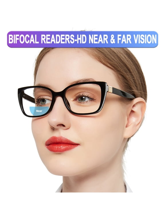 Bifocal Reading Glasses Women's Blue light Readers 1.0 1.5 2.0 2.5 3.0 3.5 (Black, 1.50) Near Far Vision Dual-use, Acrylic Lens
