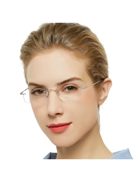 Blue Light Blocking Reading Glasses, 2.50 Magnification, Titanium Rimless Frame, Silver