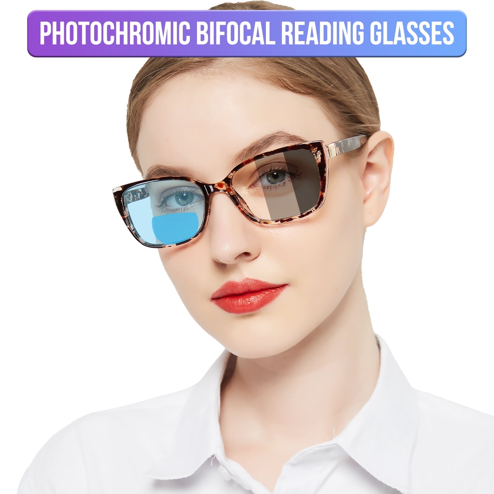 OCCI CHIARI Photochromic Bifocal Reading Glasses for Womens,Large Square Blue Light Blocking & UV400 Protection Sunglasses Readers 100 150 200 250 300 350 400(Brown +2.50)