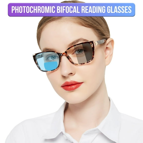 OCCI CHIARI Photochromic Bifocal Reading Glasses for Womens,Large Square Blue Light Blocking & UV400 Protection Sunglasses Readers 100 150 200 250 300 350 400(Brown +3.00)