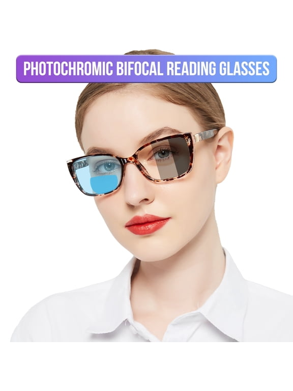 Photochromic Bifocal Reading Glasses for Womens,Large Square Blue Light Blocking & UV400 Protection Sunglasses Readers 100 150 200 250 300 350 400(Brown +3.00)