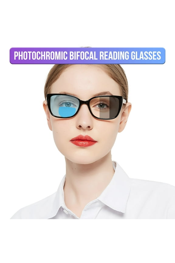 Photochromic Bifocal Reading Glasses for Womens,Large Square Blue Light Blocking & UV400 Protection Sunglasses Readers 1.0 1.5 2.0 2.5 3.0 3.5 4.0(Black +250)