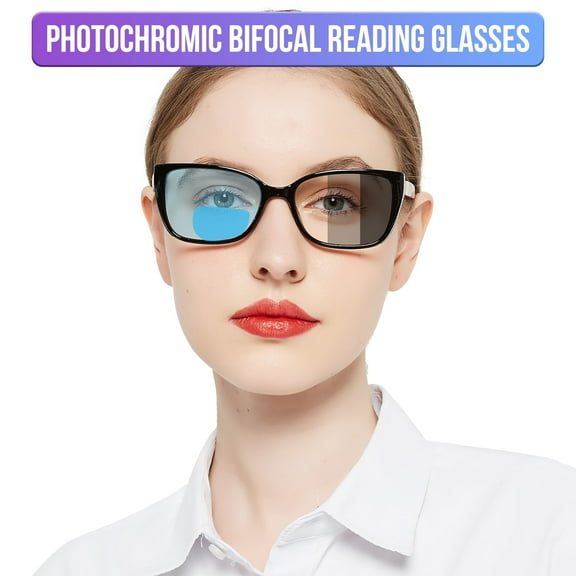 OCCI CHIARI Photochromic Bifocal Reading Glasses for Womens,Large Square Blue Light Blocking & UV400 Protection Sunglasses Readers 1.0 1.5 2.0 2.5 3.0 3.5 4.0(Black +250)