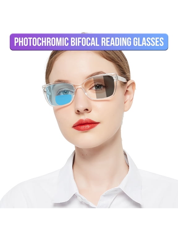 Photochromic Bifocal Reading Glasses for Womens,Large Square Blue Light Blocking & UV400 Protection Sunglasses Readers (Transparent +1.5)