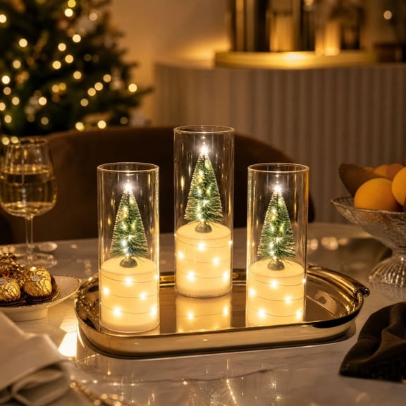 OCCOA 3PCS Christmas Tree Flameless LED Candles Glass Cylinder Tabletop Lamp Battery Operated for Mantel Shelf Table Window Home Holiday Decor Gift Xmas Present, Multicolor